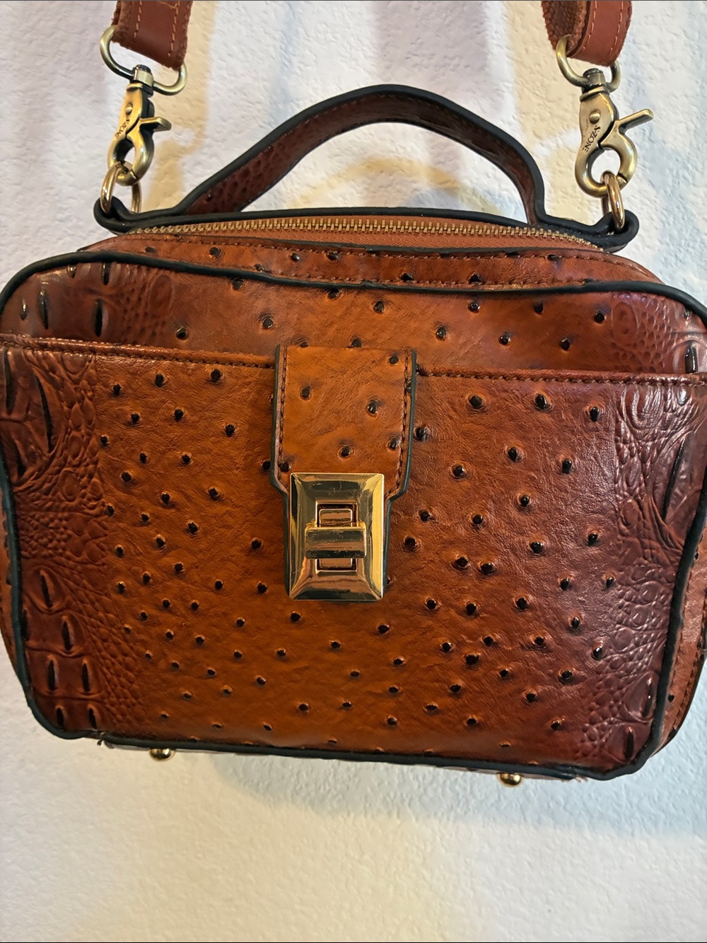 Vintage Faux Ostrich Vegan Leather Crossbody Bag with Top Handler